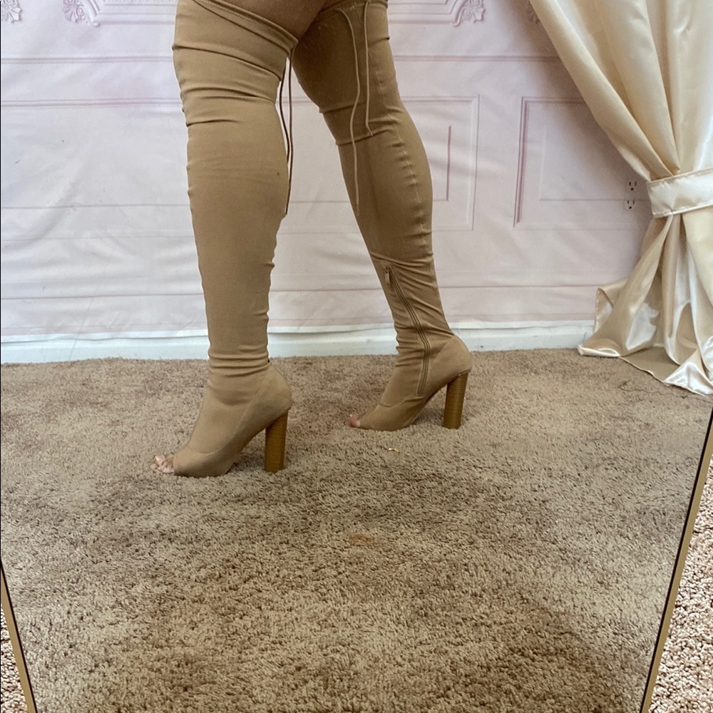 Tan Over-the-Knee Heeled Boots